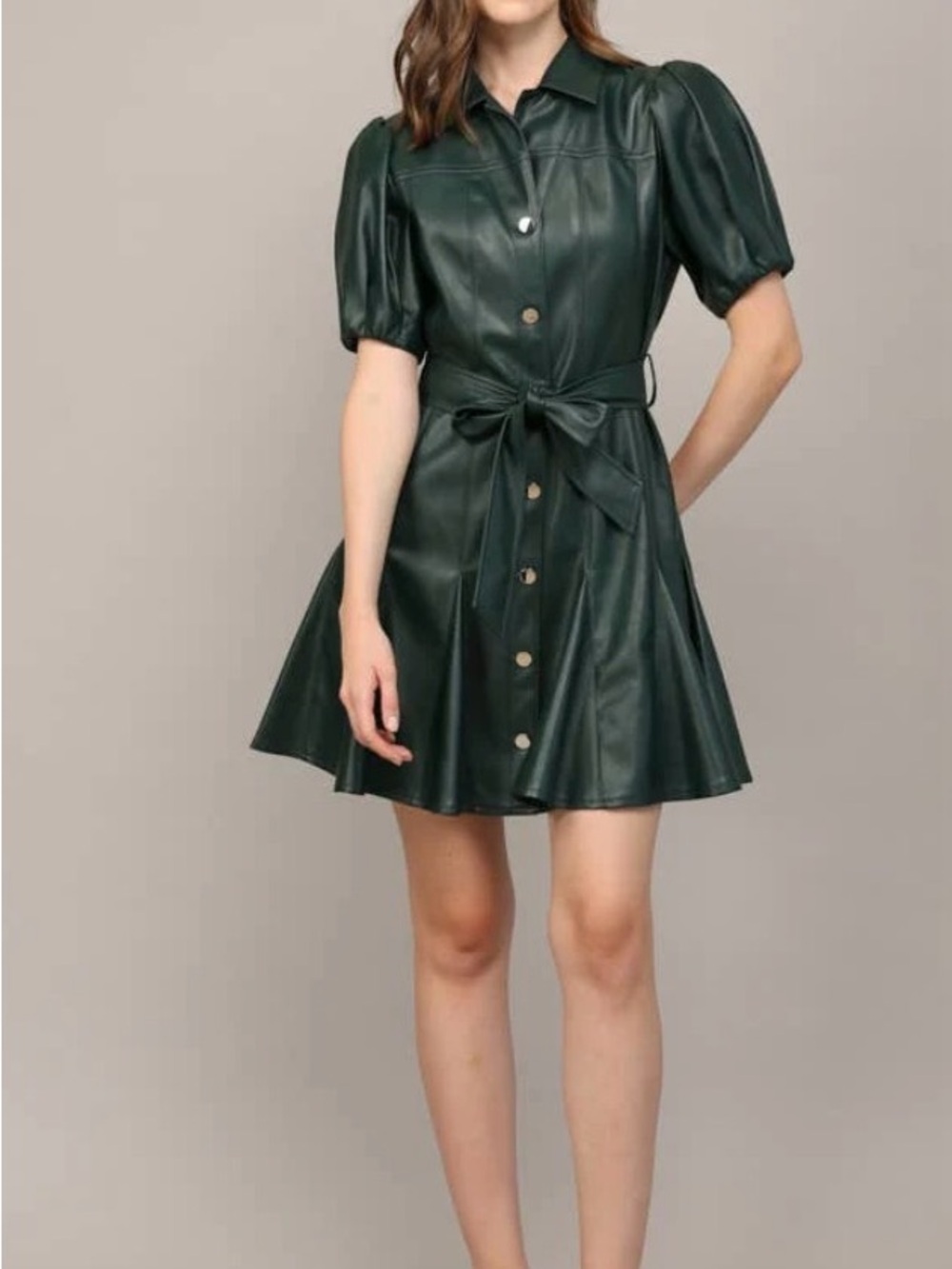 Fate Dark Green Faux Leather Mini Dress with Tie Waist